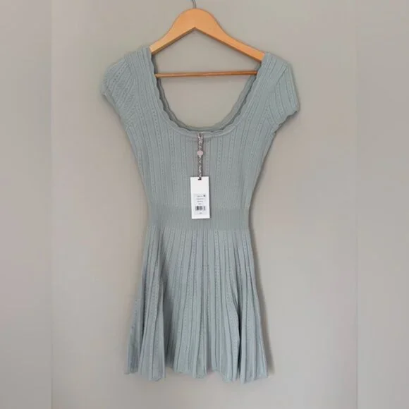 NWT LoveShackFancy Evaluna Stretch Pointelle Mini Dress Eau De Nilsize S